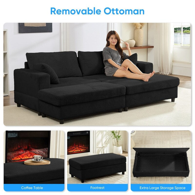 Canapé-lit confortable en velours côtelé Mixoy avec siège profond et pouf de rangement, canapé-lit 1 place/causeuse rembourré