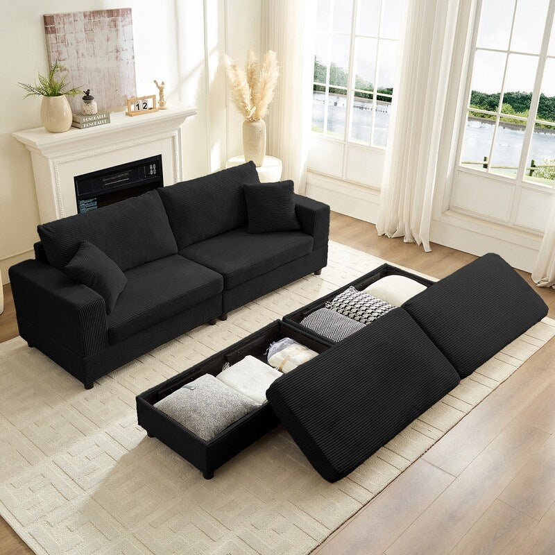 Canapé-lit confortable en velours côtelé Mixoy avec siège profond et pouf de rangement, canapé-lit 1 place/causeuse rembourré