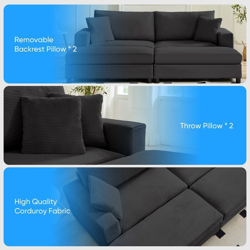 Canapé-lit confortable en velours côtelé Mixoy avec siège profond et pouf de rangement, canapé-lit 1 place/causeuse rembourré