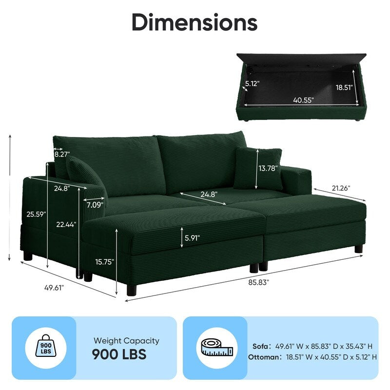 Canapé-lit confortable en velours côtelé Mixoy avec siège profond et pouf de rangement, canapé-lit 1 place/causeuse rembourré