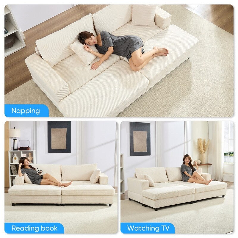 Canapé-lit confortable en velours côtelé Mixoy avec siège profond et pouf de rangement, canapé-lit 1 place/causeuse rembourré