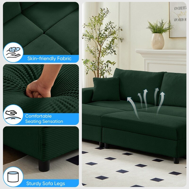 Canapé-lit confortable en velours côtelé Mixoy avec siège profond et pouf de rangement, canapé-lit 1 place/causeuse rembourré