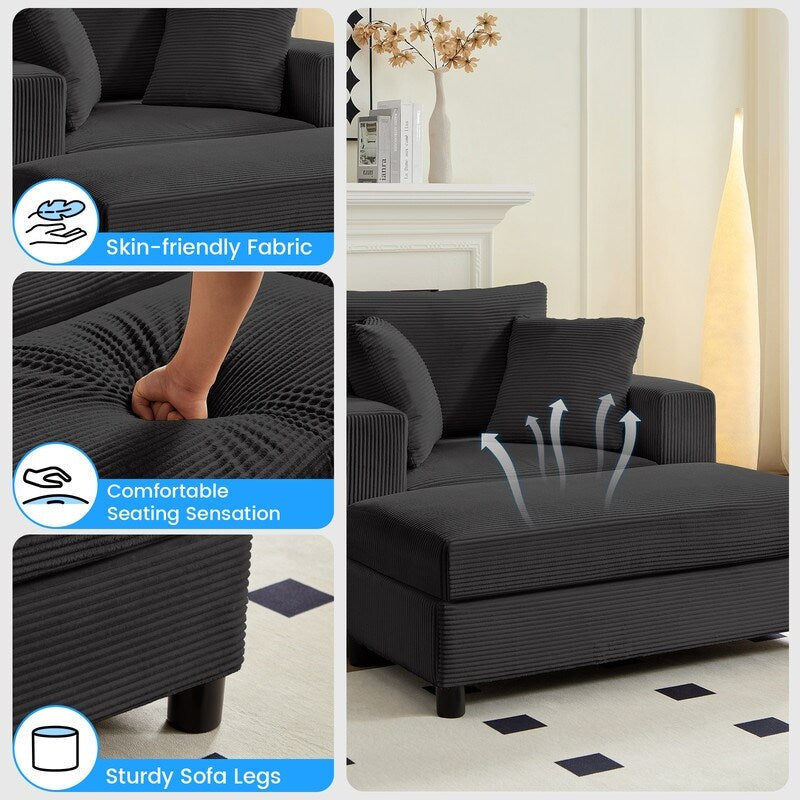 Canapé-lit confortable en velours côtelé Mixoy avec siège profond et pouf de rangement, canapé-lit 1 place/causeuse rembourré