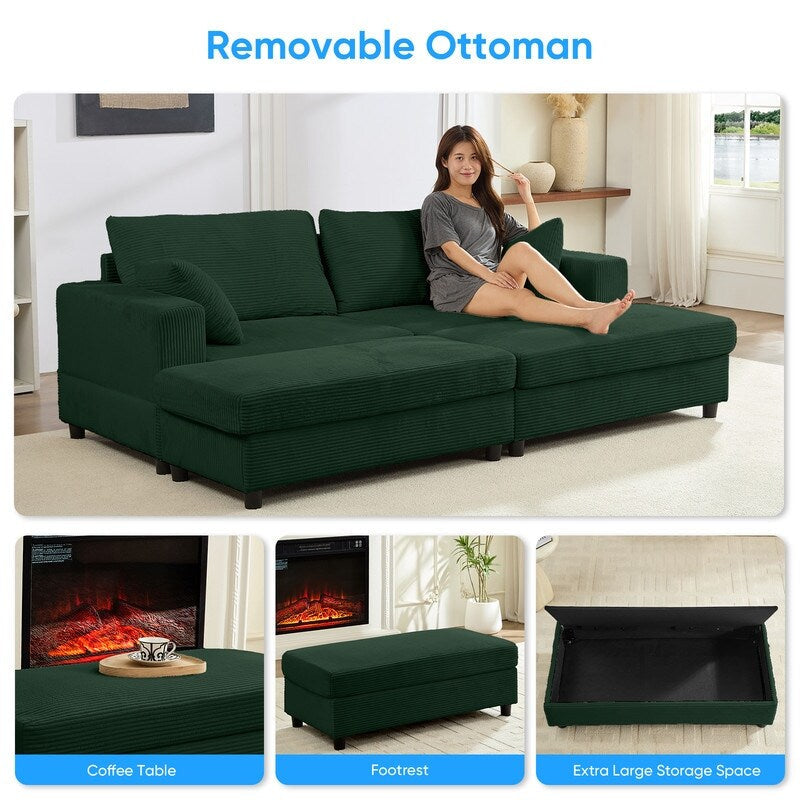 Canapé-lit confortable en velours côtelé Mixoy avec siège profond et pouf de rangement, canapé-lit 1 place/causeuse rembourré