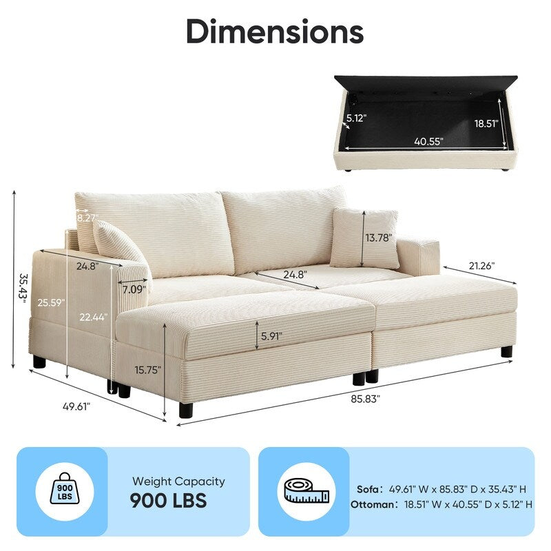 Canapé-lit confortable en velours côtelé Mixoy avec siège profond et pouf de rangement, canapé-lit 1 place/causeuse rembourré