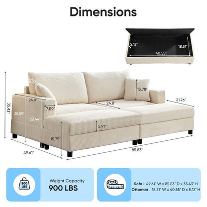 Canapé-lit confortable en velours côtelé Mixoy avec siège profond et pouf de rangement, canapé-lit 1 place/causeuse rembourré