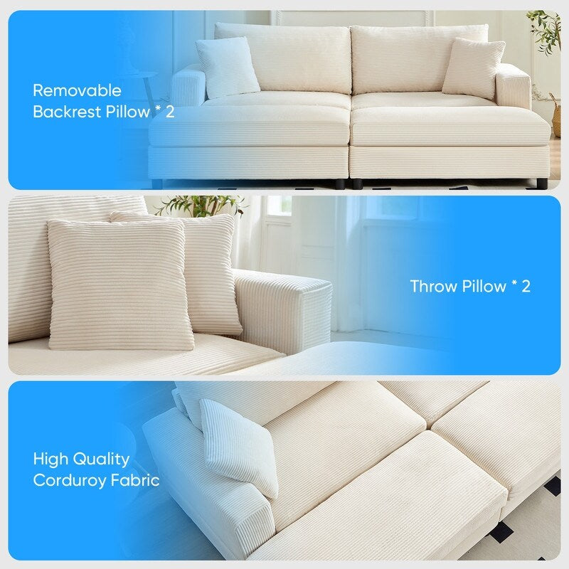 Canapé-lit confortable en velours côtelé Mixoy avec siège profond et pouf de rangement, canapé-lit 1 place/causeuse rembourré