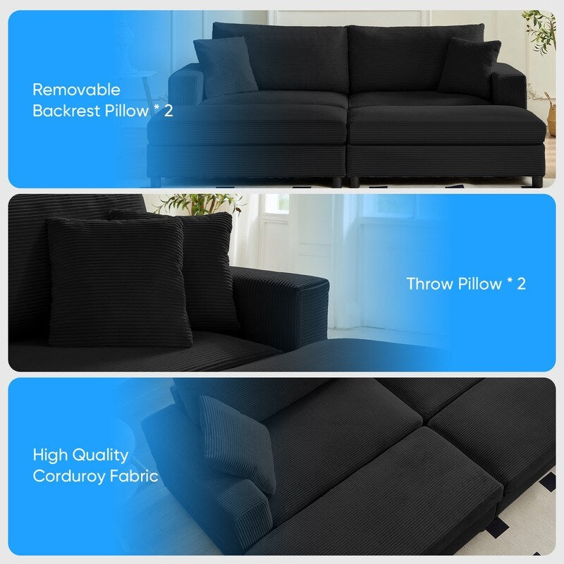 Canapé-lit confortable en velours côtelé Mixoy avec siège profond et pouf de rangement, canapé-lit 1 place/causeuse rembourré