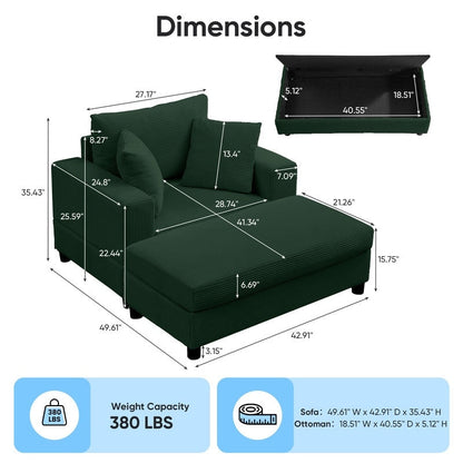 Canapé-lit confortable en velours côtelé Mixoy avec siège profond et pouf de rangement, canapé-lit 1 place/causeuse rembourré