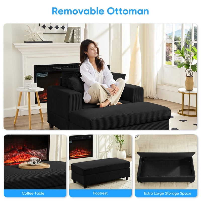 Canapé-lit confortable en velours côtelé Mixoy avec siège profond et pouf de rangement, canapé-lit 1 place/causeuse rembourré