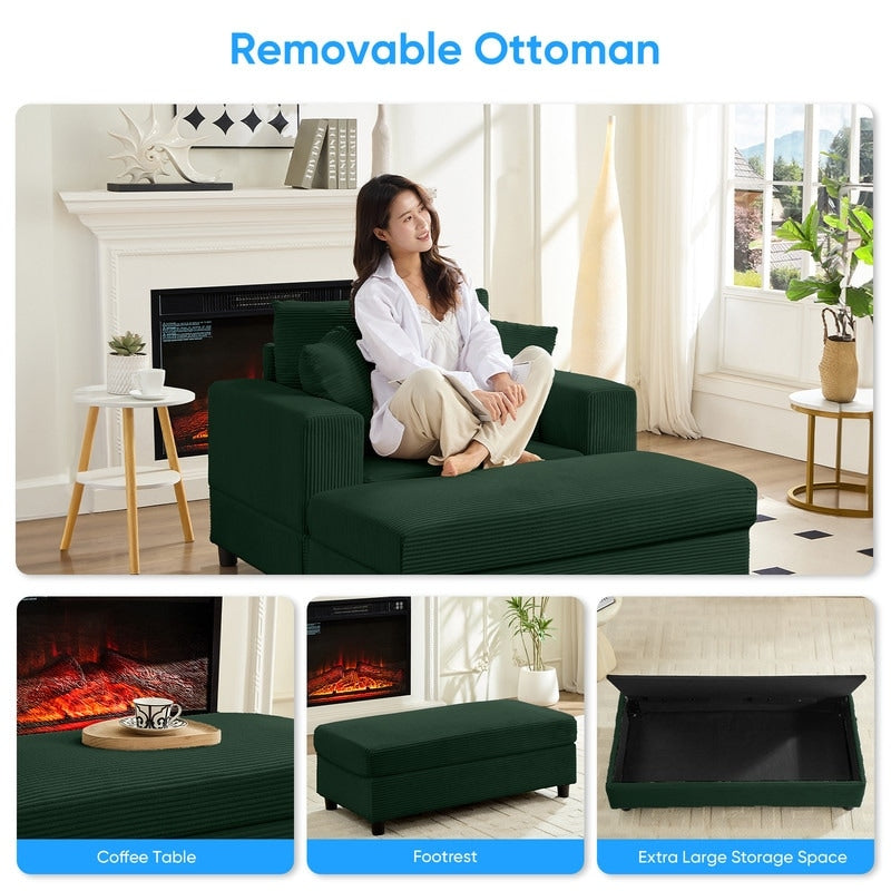 Canapé-lit confortable en velours côtelé Mixoy avec siège profond et pouf de rangement, canapé-lit 1 place/causeuse rembourré