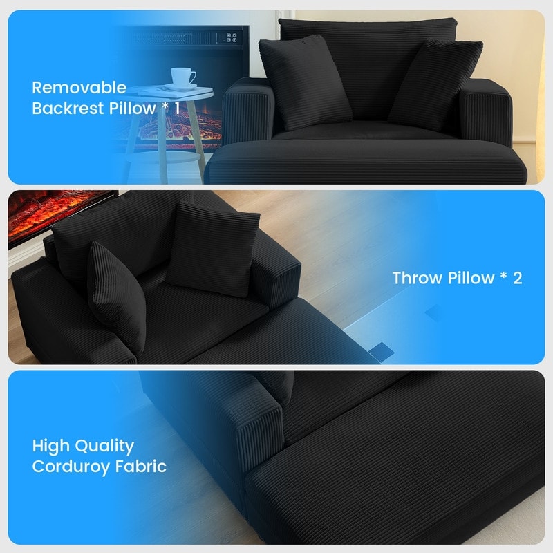 Canapé-lit confortable en velours côtelé Mixoy avec siège profond et pouf de rangement, canapé-lit 1 place/causeuse rembourré