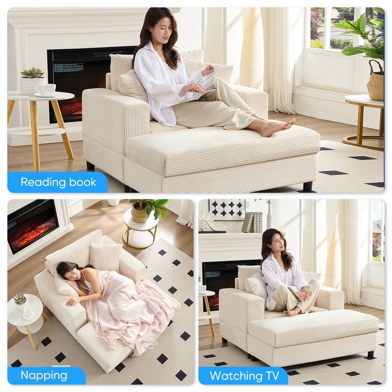 Canapé-lit confortable en velours côtelé Mixoy avec siège profond et pouf de rangement, canapé-lit 1 place/causeuse rembourré