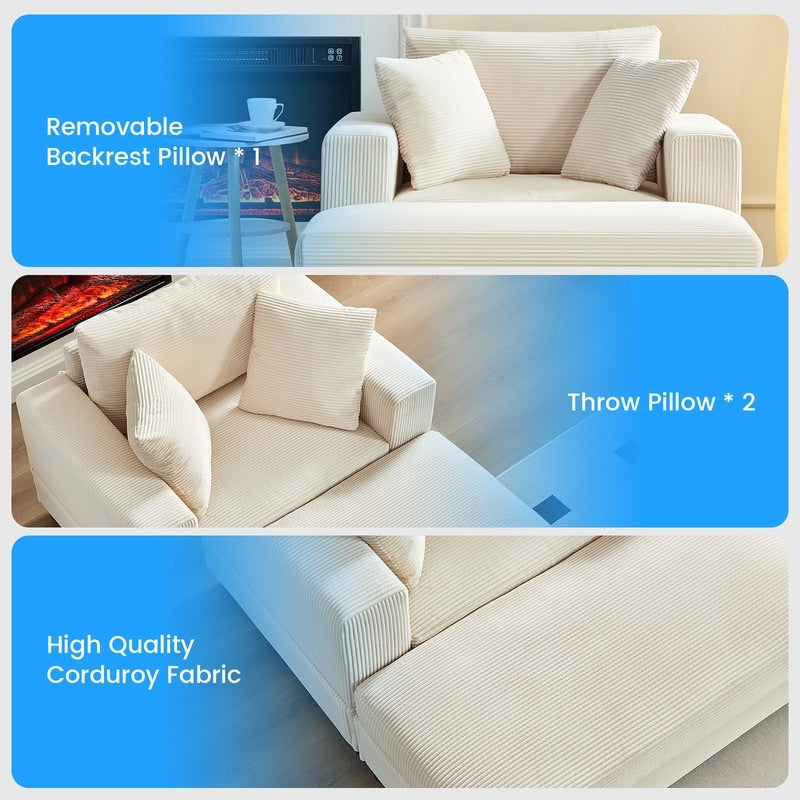 Canapé-lit confortable en velours côtelé Mixoy avec siège profond et pouf de rangement, canapé-lit 1 place/causeuse rembourré