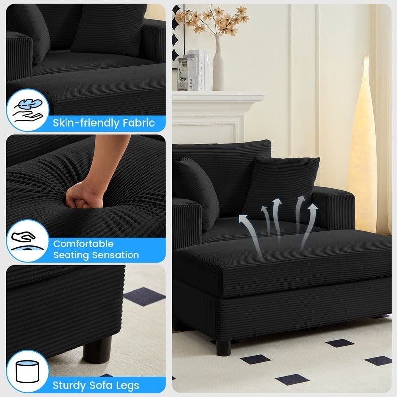 Canapé-lit confortable en velours côtelé Mixoy avec siège profond et pouf de rangement, canapé-lit 1 place/causeuse rembourré