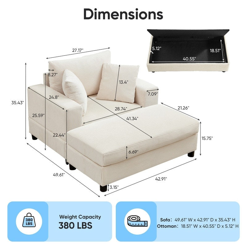 Canapé-lit confortable en velours côtelé Mixoy avec siège profond et pouf de rangement, canapé-lit 1 place/causeuse rembourré
