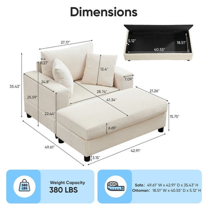 Canapé-lit confortable en velours côtelé Mixoy avec siège profond et pouf de rangement, canapé-lit 1 place/causeuse rembourré
