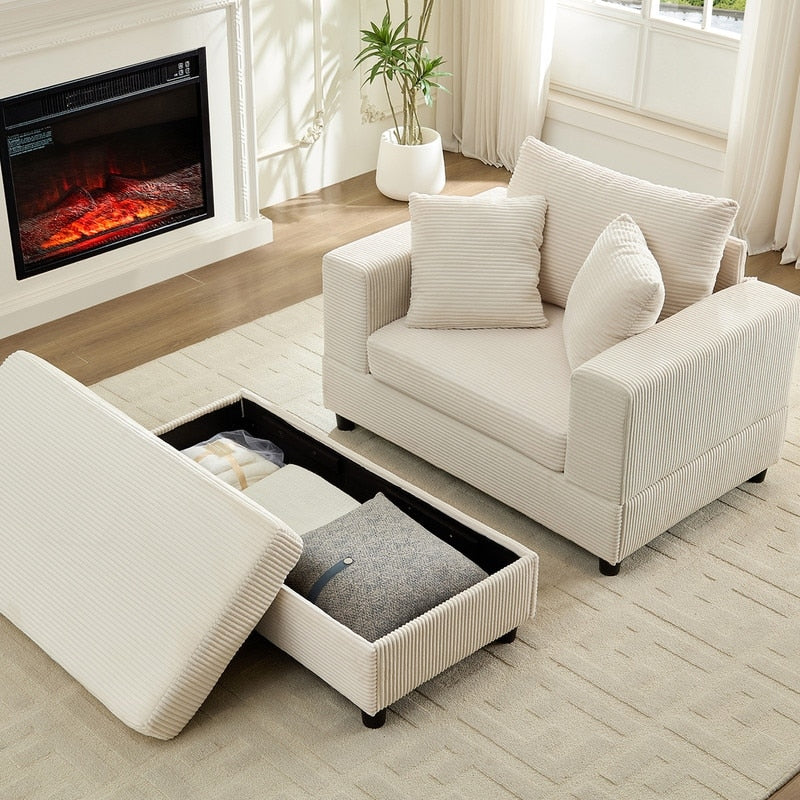 Canapé-lit confortable en velours côtelé Mixoy avec siège profond et pouf de rangement, canapé-lit 1 place/causeuse rembourré