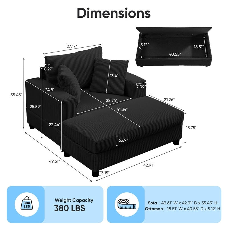 Canapé-lit confortable en velours côtelé Mixoy avec siège profond et pouf de rangement, canapé-lit 1 place/causeuse rembourré