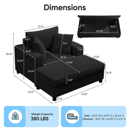 Canapé-lit confortable en velours côtelé Mixoy avec siège profond et pouf de rangement, canapé-lit 1 place/causeuse rembourré