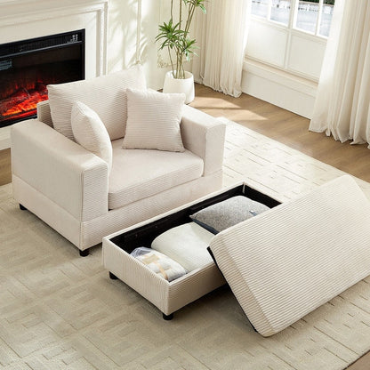 Canapé-lit confortable en velours côtelé Mixoy avec siège profond et pouf de rangement, canapé-lit 1 place/causeuse rembourré