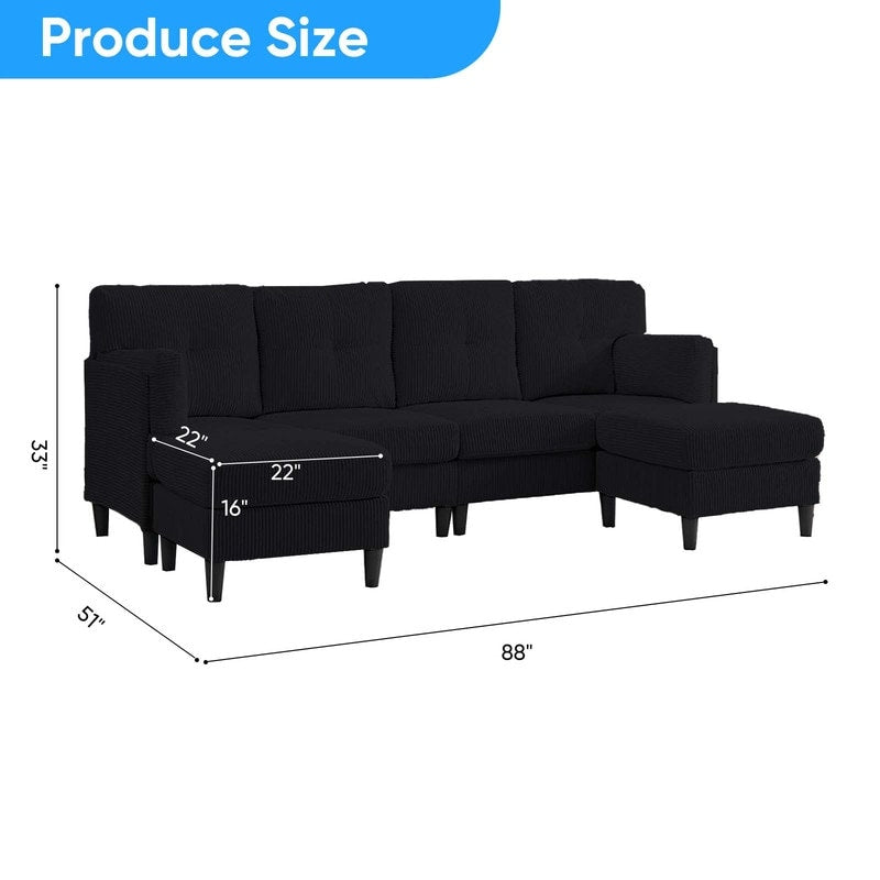 Canapé sectionnel convertible modulaire en U en velours côtelé Mixoy, canapé 4 places rembourré avec pouf amovible