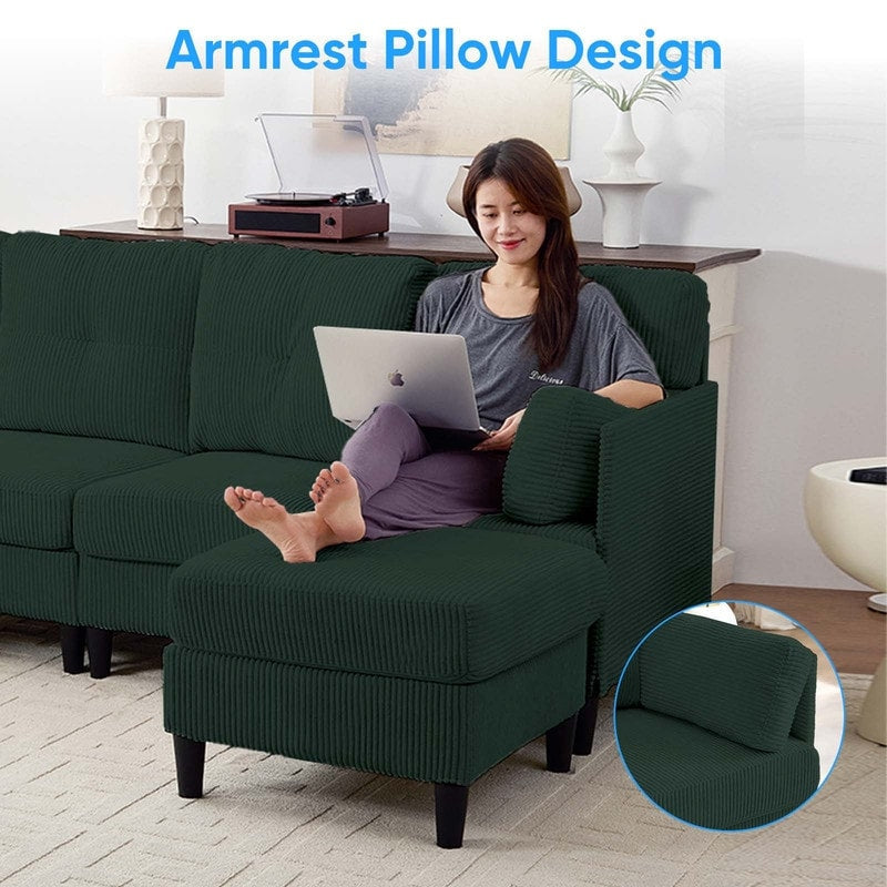 Canapé sectionnel convertible modulaire en U en velours côtelé Mixoy, canapé 4 places rembourré avec pouf amovible