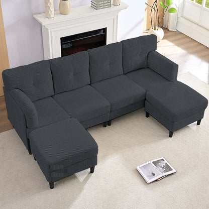 Canapé sectionnel convertible modulaire en U en velours côtelé Mixoy, canapé 4 places rembourré avec pouf amovible