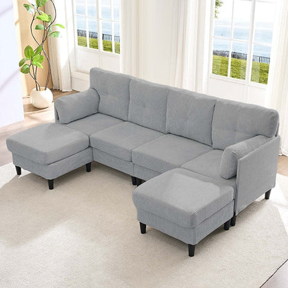 Canapé sectionnel convertible modulaire en U en velours côtelé Mixoy, canapé 4 places rembourré avec pouf amovible