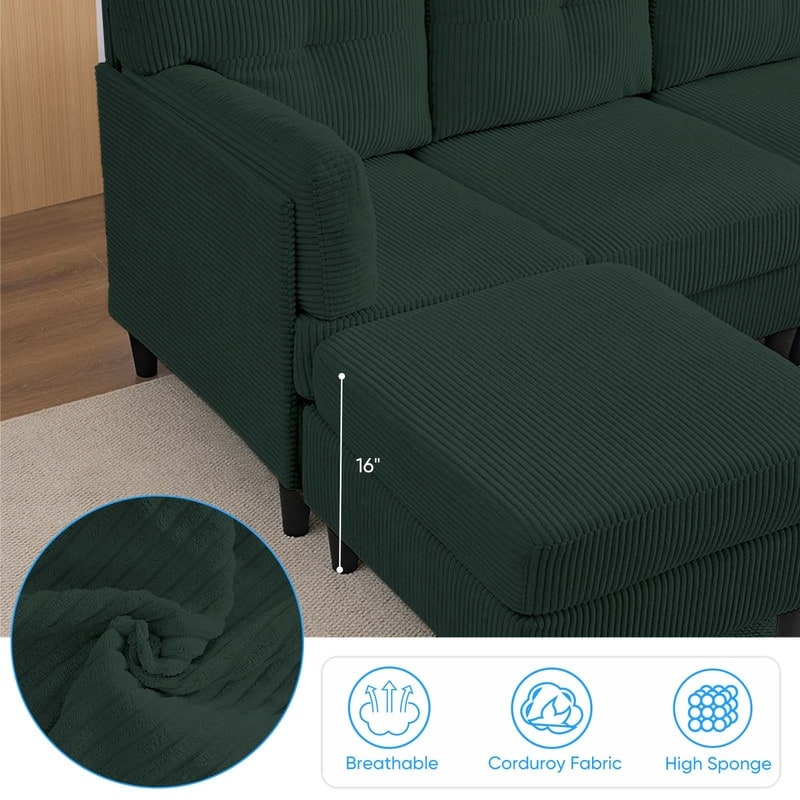 Canapé sectionnel convertible modulaire en U en velours côtelé Mixoy, canapé 4 places rembourré avec pouf amovible