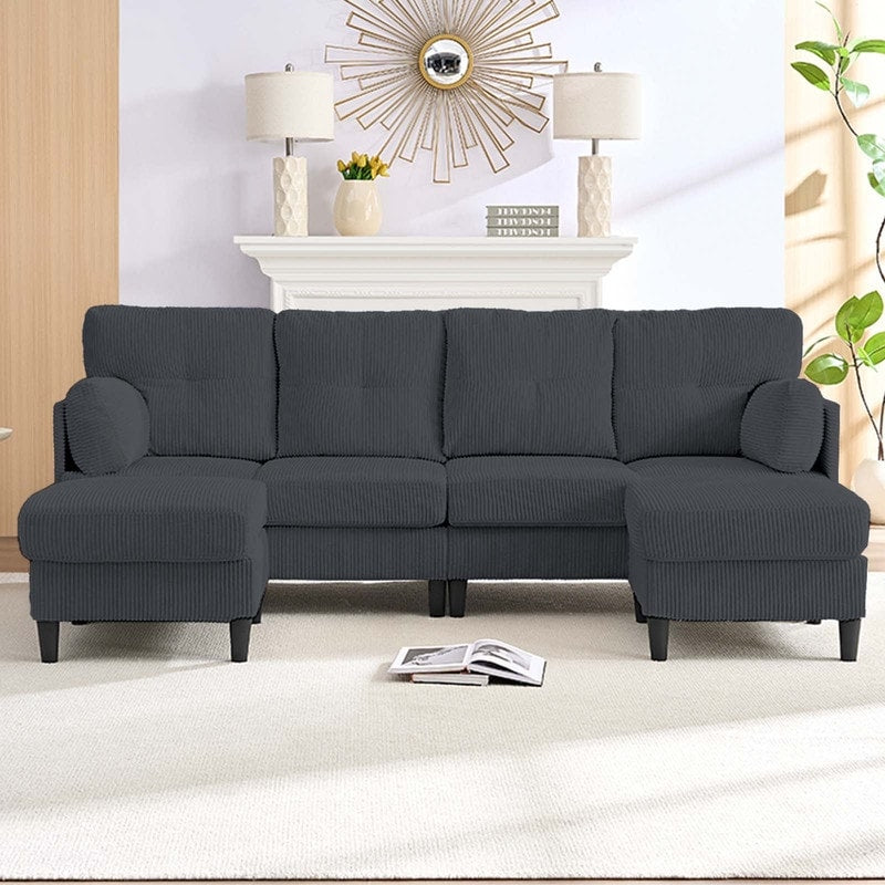 Canapé sectionnel convertible modulaire en U en velours côtelé Mixoy, canapé 4 places rembourré avec pouf amovible