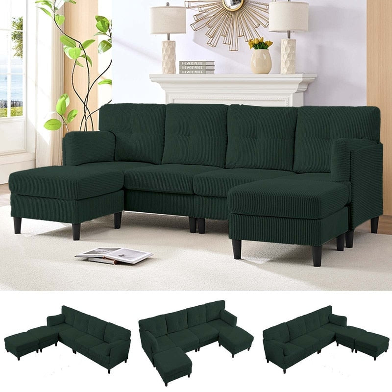 Canapé sectionnel convertible modulaire en U en velours côtelé Mixoy, canapé 4 places rembourré avec pouf amovible
