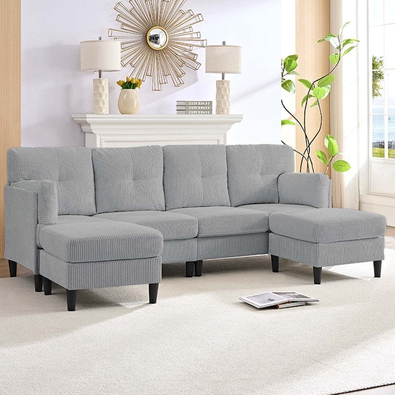 Canapé sectionnel convertible modulaire en U en velours côtelé Mixoy, canapé 4 places rembourré avec pouf amovible