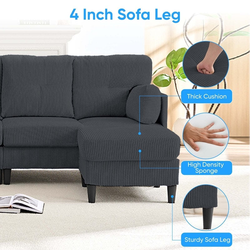 Canapé sectionnel convertible modulaire en U en velours côtelé Mixoy, canapé 4 places rembourré avec pouf amovible