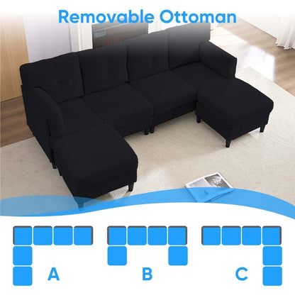 Canapé sectionnel convertible modulaire en U en velours côtelé Mixoy, canapé 4 places rembourré avec pouf amovible