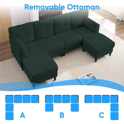 Canapé sectionnel convertible modulaire en U en velours côtelé Mixoy, canapé 4 places rembourré avec pouf amovible