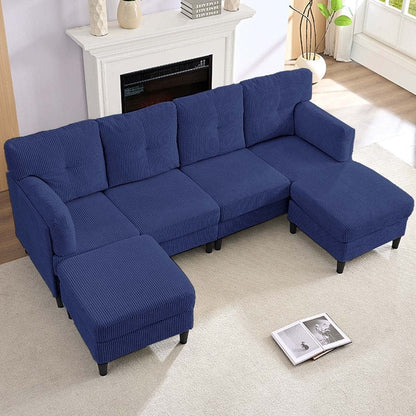Canapé sectionnel convertible modulaire en U en velours côtelé Mixoy, canapé 4 places rembourré avec pouf amovible