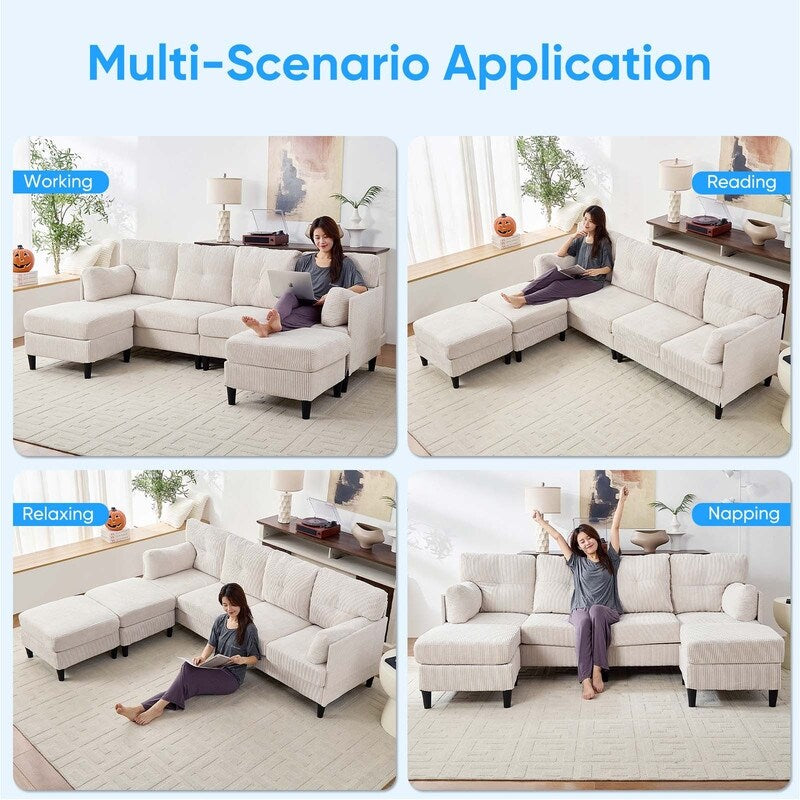 Canapé sectionnel convertible modulaire en U en velours côtelé Mixoy, canapé 4 places rembourré avec pouf amovible