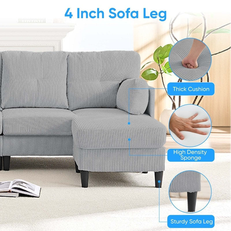 Canapé sectionnel convertible modulaire en U en velours côtelé Mixoy, canapé 4 places rembourré avec pouf amovible