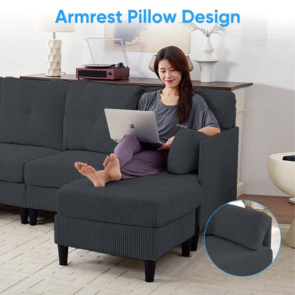 Canapé sectionnel convertible modulaire en U en velours côtelé Mixoy, canapé 4 places rembourré avec pouf amovible