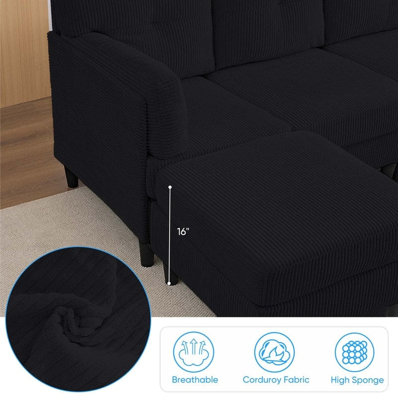 Canapé sectionnel convertible modulaire en U en velours côtelé Mixoy, canapé 4 places rembourré avec pouf amovible