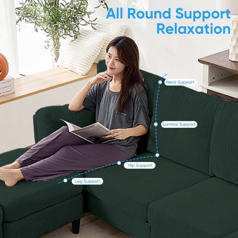 Canapé sectionnel convertible modulaire en U en velours côtelé Mixoy, canapé 4 places rembourré avec pouf amovible