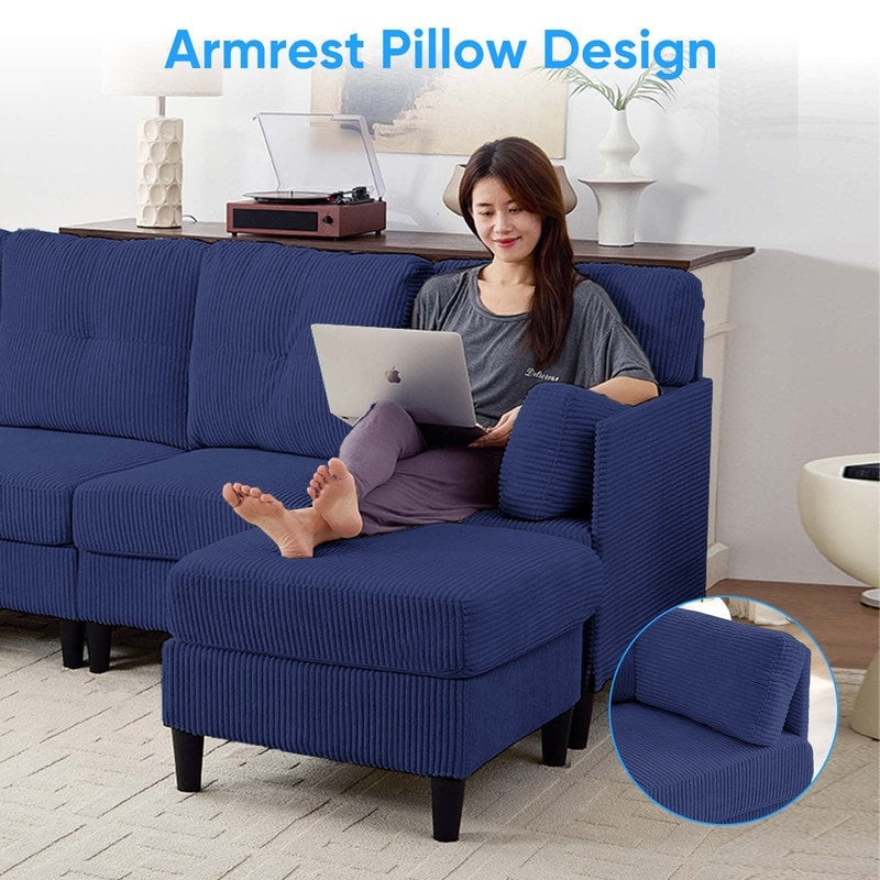 Canapé sectionnel convertible modulaire en U en velours côtelé Mixoy, canapé 4 places rembourré avec pouf amovible