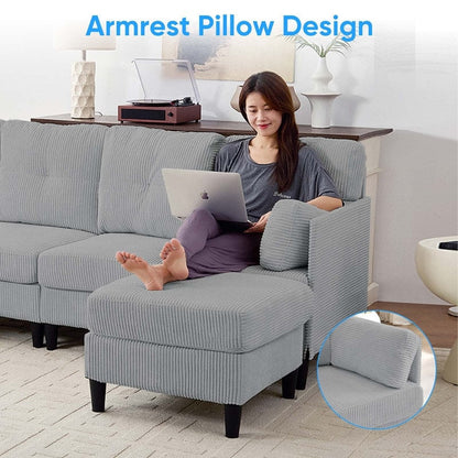 Canapé sectionnel convertible modulaire en U en velours côtelé Mixoy, canapé 4 places rembourré avec pouf amovible