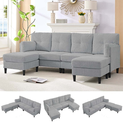 Canapé sectionnel convertible modulaire en U en velours côtelé Mixoy, canapé 4 places rembourré avec pouf amovible