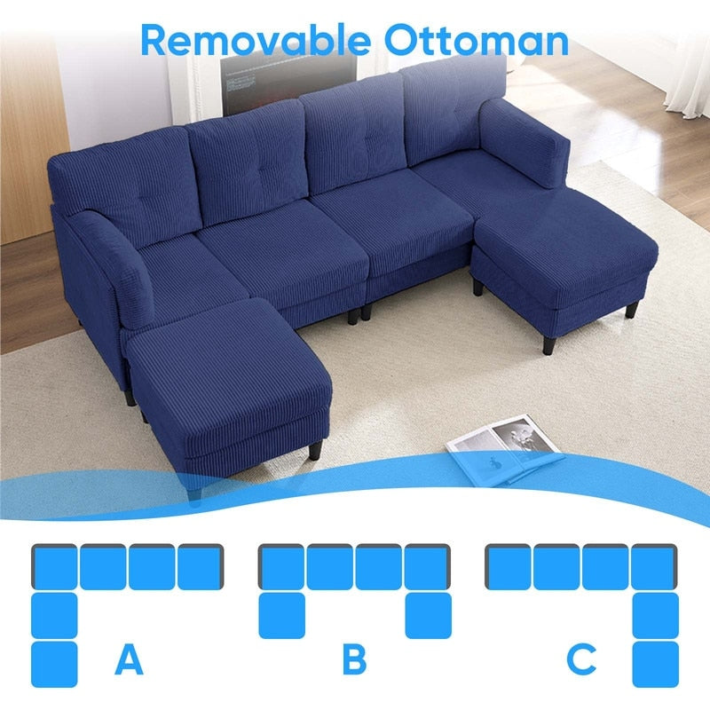 Canapé sectionnel convertible modulaire en U en velours côtelé Mixoy, canapé 4 places rembourré avec pouf amovible