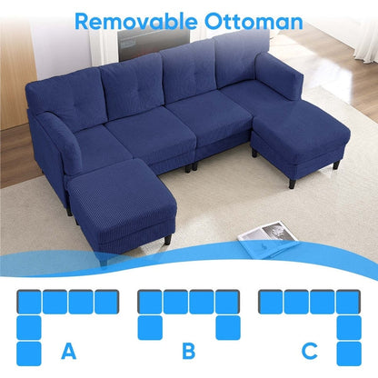 Canapé sectionnel convertible modulaire en U en velours côtelé Mixoy, canapé 4 places rembourré avec pouf amovible