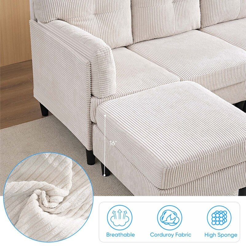 Canapé sectionnel convertible modulaire en U en velours côtelé Mixoy, canapé 4 places rembourré avec pouf amovible