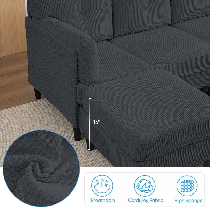 Canapé sectionnel convertible modulaire en U en velours côtelé Mixoy, canapé 4 places rembourré avec pouf amovible