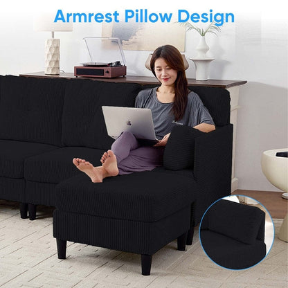 Canapé sectionnel convertible modulaire en U en velours côtelé Mixoy, canapé 4 places rembourré avec pouf amovible